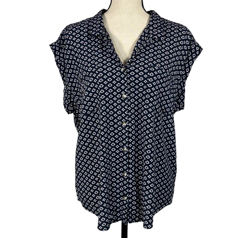 Jachs Girlfriend NY XX-Large Top Button-Up Cap Sleeve Geometric Pocket Navy Blue